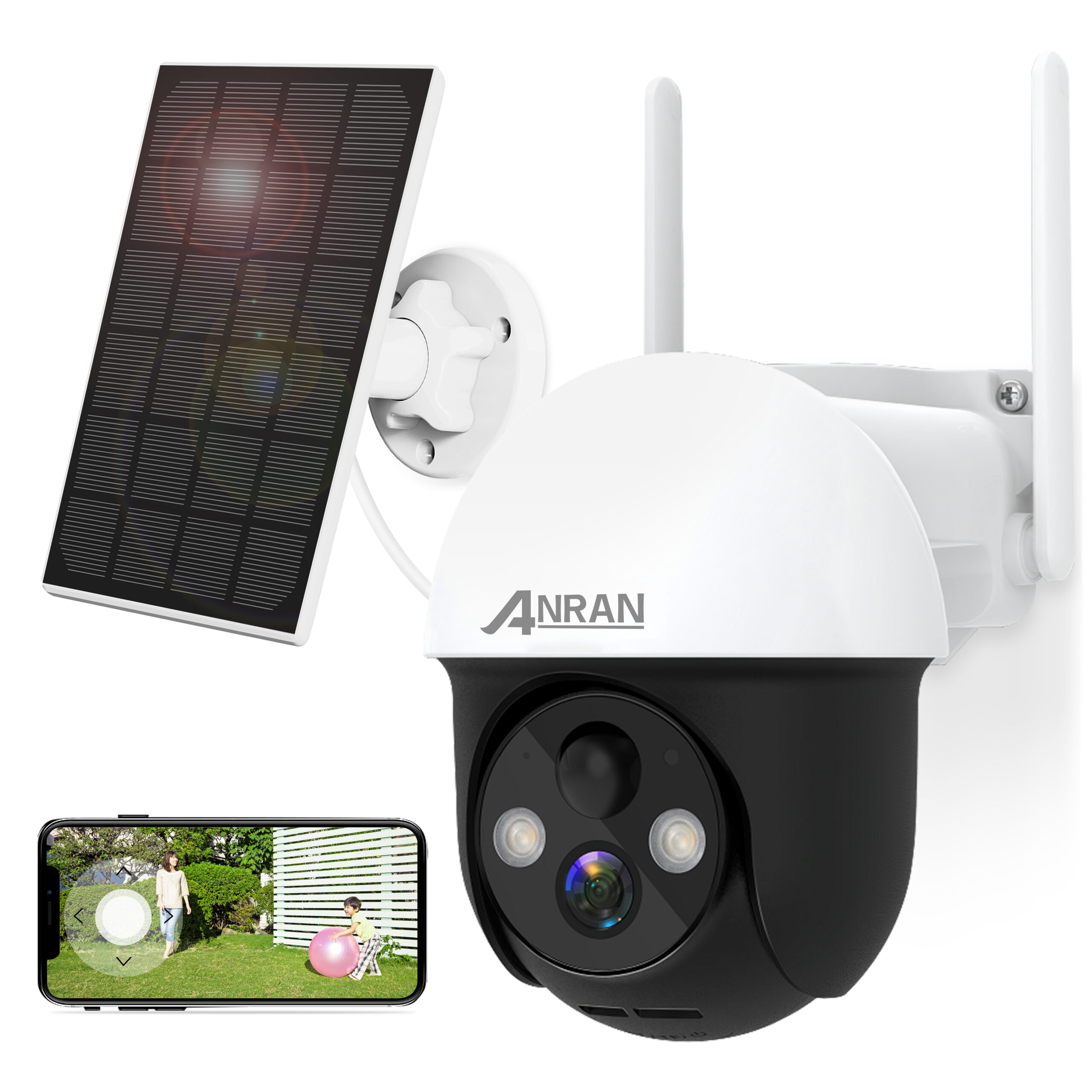 【強化版300万画素・Alexa対応・360°広角カラー撮影搭載】ANRAN 防犯カメラ 屋外 ソーラー 防犯カメラ ソーラー 監視カメラ ソーラー 監視カメラ 屋外 ソーラー 防犯カメラ ワイヤレス 屋外 360°広角撮影 カラー撮影搭載 355°パン90°チルト PTZカメラ ワイヤレス ドーム型電池式カメラ 双方向音声通話 ネットワークカメラ ぼうはんかめら PIR人感センサー Wifi 家庭用 動体検知 IP65防水 USB充電/ソーラーパネル充電 発光可能 お宅/庭/玄関先/駐車場/店舗/ゴミ場(2.4G wifi帯 iOS/Androidスマホだけ対応)