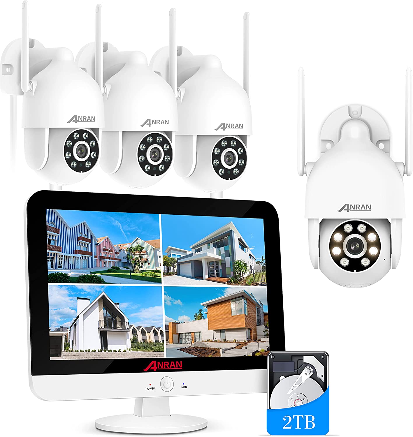 【500万高画質・360°広角撮影・カラー暗視撮影】防犯カメラ ワイヤレス 屋外 ANRAN ワイヤレス 防犯カメラセット 13インチ一体型録画機 工事不要 夜間カラー撮影搭載 360°広角撮影 PIR動体検知 パン355°チルト90°PTZカメラ 2TBHDD内蔵 4台500万画素 ネットワークカメラ 8台まで増設可 初期設定不要 遠隔監視 双方向通話対応 防水等級IP65 監視カメラ WIFI 常時録画 防犯カメラ 屋内 家庭用防犯カメラ セキュリティカメラ H.265+圧縮技術(カメラ側LANケーブルと接続できません)
